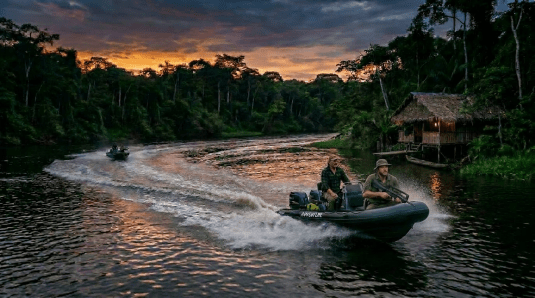 Two patrol boats with people speeding on a jungle river near a lit thatched cabin